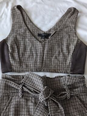 Tweed Houndstooth Crop Top and High-Waist Pants Set - Brown/Black Houndstooth